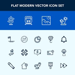 Modern, simple vector icon set with forbidden, mexico, rent, control, price, photography, bell, arrow, property, chart, ocean, tree, direction, frame, square, presentation, alarm, baja, pie, way icons