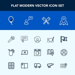 Modern, simple vector icon set with drink, machine, pen, pay, profile, america, pin, location, equipment, certificate, balloon, holiday, closed, glass, clean, tool, juice, flag, cocktail, nation icons