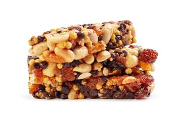 Healthy granola munchies on white background