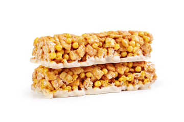 Healthy granola munchies on white background