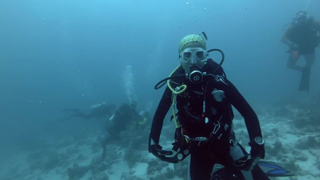 Female scuba diver swim portrays manta ray - Indian Ocean, Maldives
