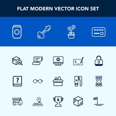Modern, simple vector icon set with tv, trend, pay, pen, can, public, bank, eye, paper, finance, money, book, metal, tree, old, unlock, business, technology, setting, glasses, check, aluminum icons