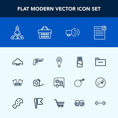 Modern, simple vector icon set with shuttle, cable, computer, megaphone, electrical, parachute, real, extreme, business, transport, location, van, pistol, estate, folder, plug, revolver, space icons