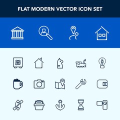 Modern, simple vector icon set with house, building, travel, transportation, tourism, creative, greek, drink, camera, architecture, security, lock, mug, route, sky, bank, game, navigation, road icons