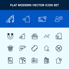 Modern, simple vector icon set with pistol, petrol, sack, skater, conference, game, estate, meeting, property, sport, skate, presentation, rod, oil, finance, speaker, skateboard, field, fishing icons
