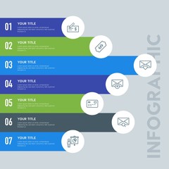 Obraz premium Flat business, money, email infographic steps template with 7 options for presentations, advertising, annual reports.
