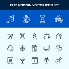 Modern, simple vector icon set with hour, supermarket, call, sound, paddle, estate, home, boat, audio, time, strategy, timer, apartment, house, compass, property, clock, chessboard, hourglass icons