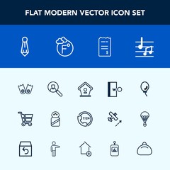 Modern, simple vector icon set with exit, holiday, tie, internet, help, business, home, sound, sea, wooden, bird, ingredient, salt, male, spice, trolley, bill, support, fashion, white, door, air icons