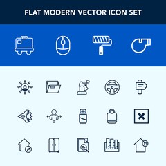 Modern, simple vector icon set with blank, sign, plane, satellite, referee, roll, device, road, brush, space, display, mouse, business, tool, object, equipment, way, cable, direction, bag, plug icons