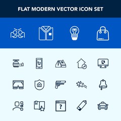 Modern, simple vector icon set with protection, bulb, fashion, aviation, home, celebration, holiday, template, electricity, house, infographic, festival, real, tshirt, chart, weapon, buy, phone icons