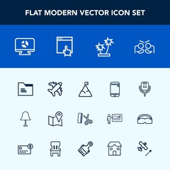 Modern, simple vector icon set with light, professional, mountain, fashion, hairdresser, touchscreen, party, mobile, hair, carnival, cell, landscape, song, sky, airplane, nature, office, road icons