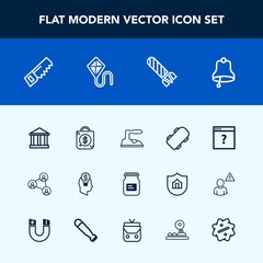 Modern, simple vector icon set with board, container, skate, bomb, page, can, technology, sky, greek, bell, concept, power, domestic, display, tag, bag, communication, white, ironing, unknown icons