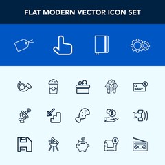 Modern, simple vector icon set with bugle, shop, space, web, food, downstairs, egypt, drink, communication, up, trumpet, book, culture, presentation, paper, meeting, sign, ancient, global, fast icons