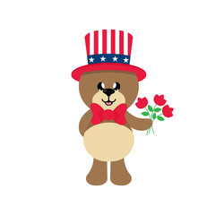 4 july cartoon cute bear in hat with flowers