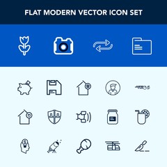 Modern, simple vector icon set with coin, computer, finance, mobile, protect, ball, bank, man, shield, spring, floral, replacement, business, diskette, investment, house, change, technology, hit icons
