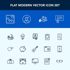 Modern, simple vector icon set with template, guitar, military, book, finance, war, business, certificate, office, house, scenery, photography, birdhouse, photo, music, landscape, concert, paper icons
