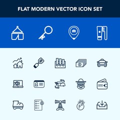 Modern, simple vector icon set with utensil, document, money, home, tool, analysis, taxi, health, id, fast, cash, research, job, identification, hygiene, communication, transportation, brush icons