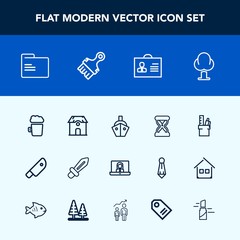 Modern, simple vector icon set with office, technology, pub, beer, video, building, alcohol, timer, knife, weapon, business, transport, work, boat, tree, blade, landscape, internet, cut, paper icons