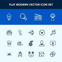 Modern, simple vector icon set with trolley, plane, shop, birdhouse, public, meeting, power, wooden, vintage, cart, insulating, home, radio, mug, fire, balloon, note, electrical, cup, airplane icons