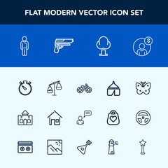 Modern, simple vector icon set with architecture, wheel, transportation, scale, boy, adventure, time, measurement, travel, money, balance, environment, male, wing, man, tower, medieval, building icons