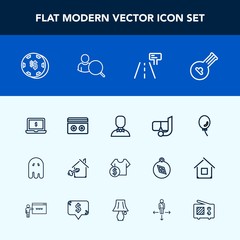 Modern, simple vector icon set with sea, tape, snorkel, casino, computer, risk, laptop, stereo, estate, music, halloween, profile, luck, key, fear, house, instrument, ghost, home, property, sale icons