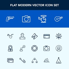 Modern, simple vector icon set with internet, money, handgun, transport, person, white, bugle, people, guitar, jazz, job, watch, card, communication, musical, online, web, screen, spy, weapon icons