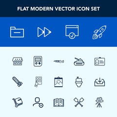 Modern, simple vector icon set with name, launch, strike, device, sign, gun, army, fire, white, shuttle, rocket, power, web, identification, folder, button, photo, danger, shop, panzer, storage icons