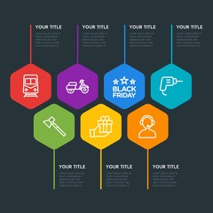 Flat geometric transports, industry, shopping infographic steps template with 7 options for presentations, advertising, annual reports