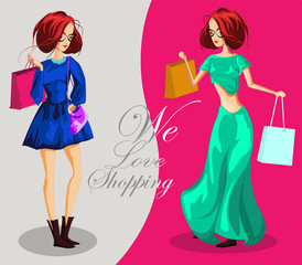 Fashion girls with shopping bags. We love shopping banner, Fashion girl cartoon character - Vector illustration 