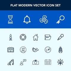 Modern, simple vector icon set with security, rocket, sand, jazz, office, technology, file, book, boy, door, trumpet, building, hourglass, house, estate, karaoke, hour, musical, water, space icons