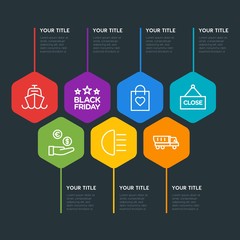 Flat geometric transports, industry, shopping infographic steps template with 7 options for presentations, advertising, annual reports