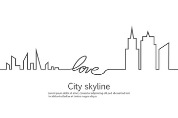 Silhouette of the city and heart and love in continuous drawing lines in a flat style. Modern urban landscape. Vector illustrations. City skyscrapers building office horizon.Continuous line drawing