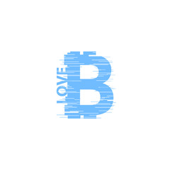 Blue bitcoin sign in glitch style on white background. Internet money digital vector illustration. Interference effect for image