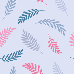 Fototapeta na wymiar Leaf seamless doodle pattern. Vector background with blue, violet and pink branches