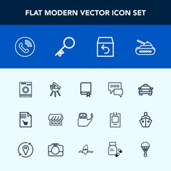 Modern, simple vector icon set with vehicle, taxi, circle, war, cooking, appliance, panzer, bubble, shopping, bbq, shop, market, hot, book, transportation, housework, library, white, washer, car icons