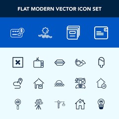 Modern, simple vector icon set with business, estate, location, road, bank, television, landscape, route, nature, video, screen, sweet, sign, hamburger, dessert, education, tv, cream, food, home icons