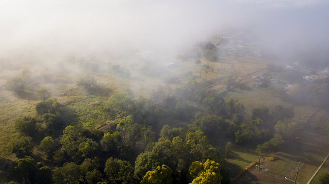 Aerial drone view of a foggy morning in the Scenic Rim, Queensland, Australia © Melanie