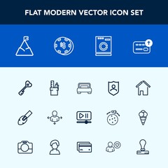Modern, simple vector icon set with blue, road, travel, business, protection, stationery, machine, washer, work, bed, equipment, luck, player, button, bedroom, shovel, estate, landscape, protect icons