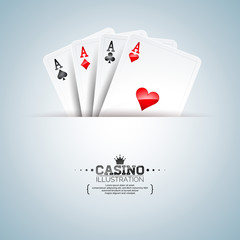 Vector illustration on a casino theme with poker cards on clean background. Gambling design for poster, greeting card, invitation or promo banner.