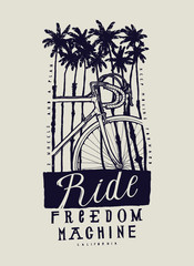 Obraz premium Ride freedom machine - tropical palm-trees vintage bicycle typography t-shirt print
