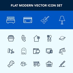 Modern, simple vector icon set with telephone, home, guitar, house, communication, spoon, bedroom, basket, scary, internet, ghost, chat, double, astronomy, interior, restaurant, dinner, store icons