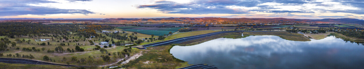 panoramic drone view of dam in the Scenic Rim, Queensland, Australia - obrazy, fototapety, plakaty