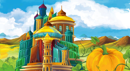 cartoon scene with beautiful castle and some pumpkin - illustration for children
