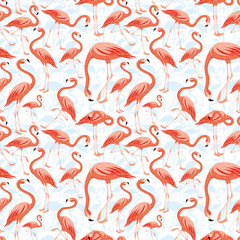 Obraz premium Seamless pattern with pink flamingos on white background.