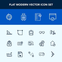 Modern, simple vector icon set with travel, fashion, note, professional, glasses, leather, drink, package, salon, bottle, page, traffic, box, stick, transport, water, sign, delivery, vehicle icons
