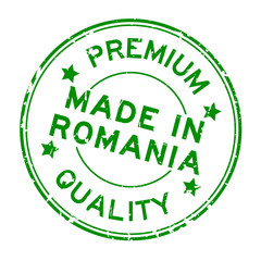 Grunge green premium quality made in Romania round rubber seal stamp on white background