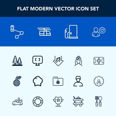 Modern, simple vector icon set with safety, care, internet, pc, football, forest, environment, business, nurse, navigation, fire, sport, music, profile, point, map, healthcare, chief, landscape icons