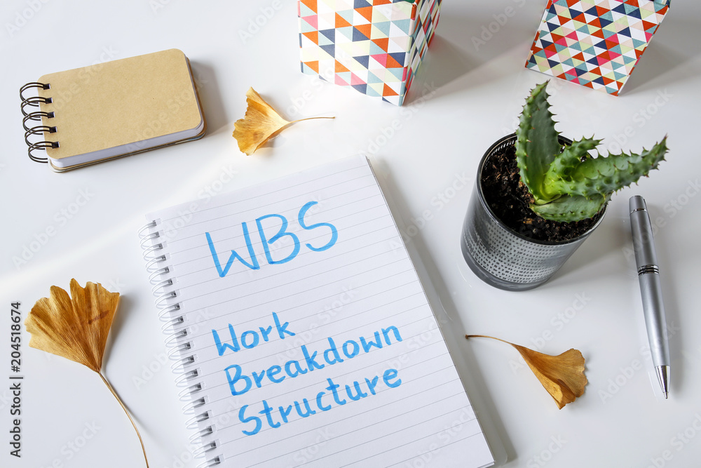 Poster wbs work breakdown structure written in notebook on white table