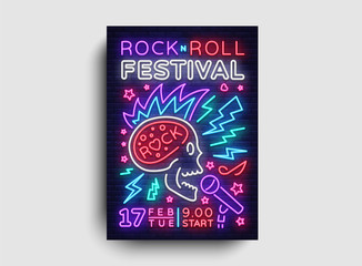 Rock Music Festival Flyer design template. Rock and Roll Neon Sign, Light Banner, Design Rock Concert Invitation, Neon Style, Bright Brochure, Typography, Bright Neon Advertising. Vector illustration