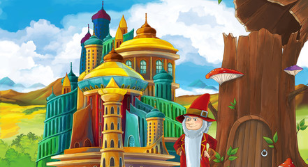 cartoon scene with beautiful castle and some dwarf near wooden home in a tree - illustration for children